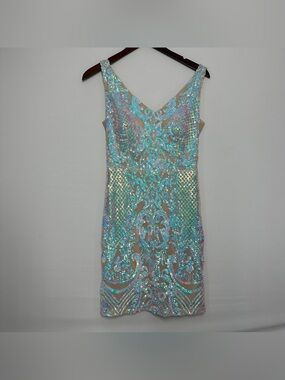 Pear Culture iridescent sequin mini dress Junior Formal Elegant Size 9 Pink